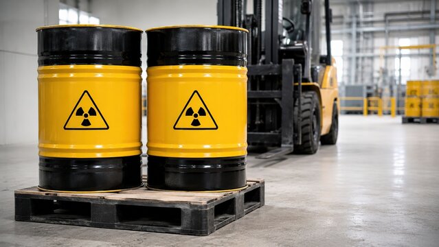 Nuclear waste storage drums in a controlled industrial environment, representing radioactive material containment, radiation safety, hazardous waste management and environmental protection.