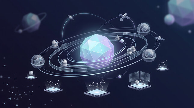 Abstract Digital Solar System Concept Featuring Geometric Orbs and Data Network Nodes in a Futuristic Virtual Space Environment
