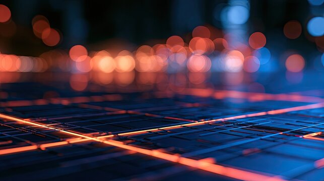 Illuminated grid with glowing lines, blurred bokeh lights in the background