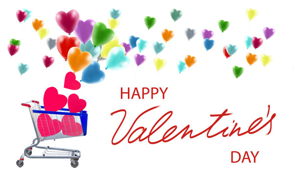 Valentine's Day celebration with a shopping cart and colorful heart balloons in a joyful display isolated on transparent background, PNG file