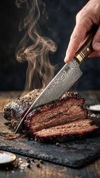 Professional chef slicing hot smoked beef brisket with damascus steel knife on rustic wooden table