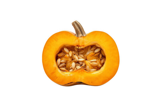 Half pumpkin showing seeds on transparent background