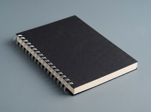 Blank black wire bound spiral notebook mockup lying at slight angle on dusty blue background