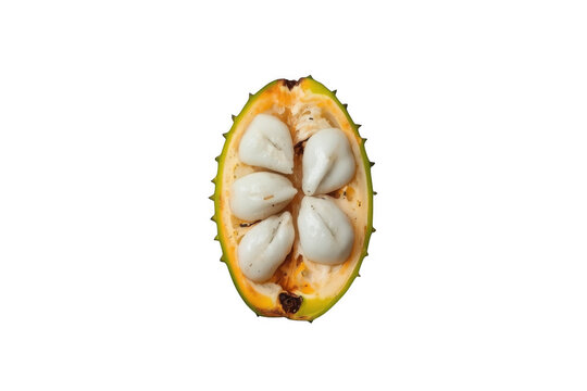 Halved cempedak fruit displaying white pulp and seeds