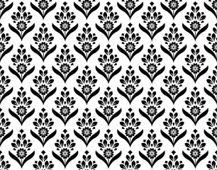 Naklejka premium Floral pattern. Seamless vector background. Vintage wallpaper in the Baroque style. White and black ornament for fabric, wallpaper, packaging. Ornate Damask flower illustration.
