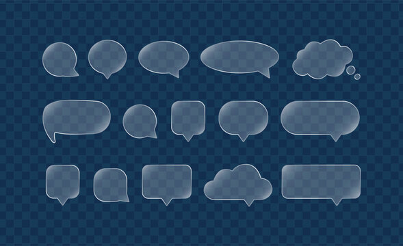 Glass morphism speech bubbles set with glowing white borders. Blank chat boxes Liquid glass message banners for modern UI UX web and app design, Vector Illustration.