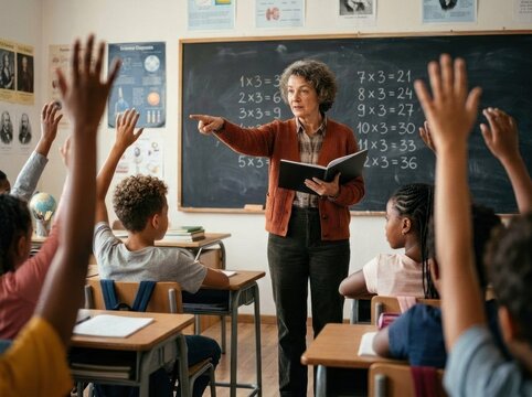Teacher in school classrom of primary school, children raising hands