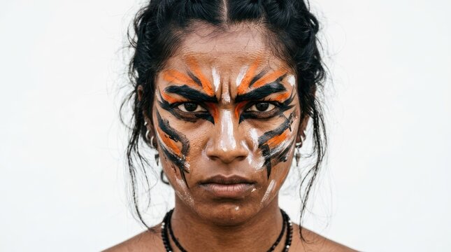 Close portrait of face painted warrior with dramatic black and orange markings
