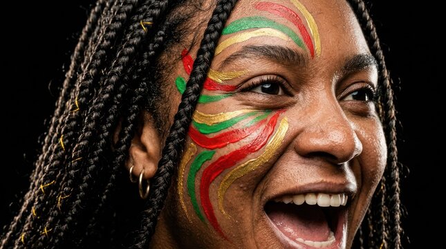 Joyful woman with colorful face paint and braided hair smiling at close range