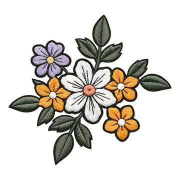 Embroidered floral patch with white orange and purple flower design