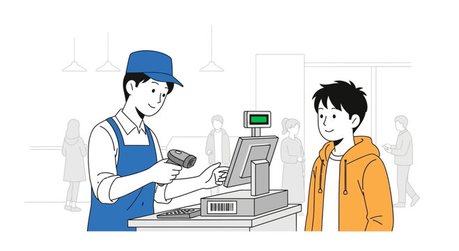 Cashier scanning item for customer at checkout counter, shopping illustration