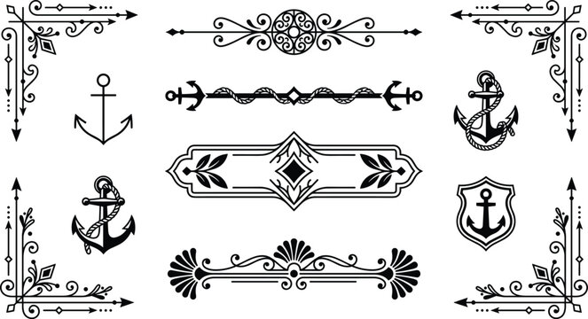 Vintage nautical anchor and decorative border elements illustration set