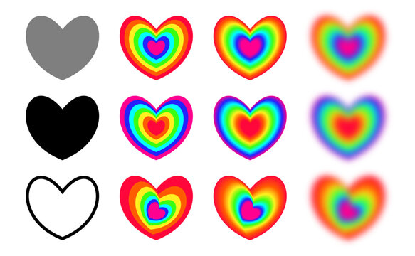 Set of rainbow heart icons with solid, outline, gradient, glow and blur effect vector collection