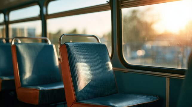 Empty vintage bus seat with blue upholstery and metal frame illuminated by warm sunlight through window during quiet morning commute