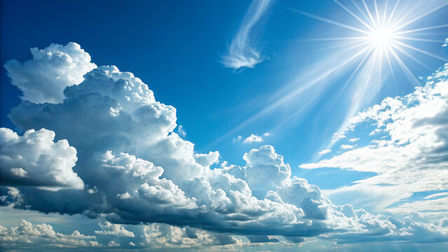 A bright sunny day with fluffy white clouds in a clear blue sky