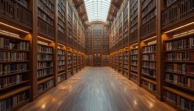 Grand Historic Library Interior with Wooden Bookshelves and Glass Ceiling