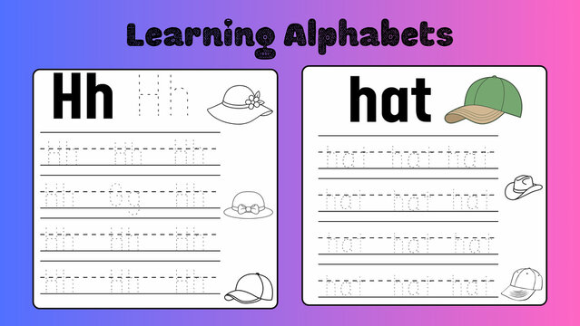 Educational alphabet tracing worksheet for letter H, learning alphabets handwriting practice page, preschool hat vocabulary activity