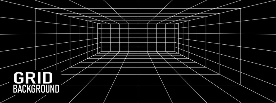 Space wireframe box with grid perspective line for background room 3d. Square abstract geometric with tunnel texture blueprint for inside dimension futuristic. Vaporwave black box.