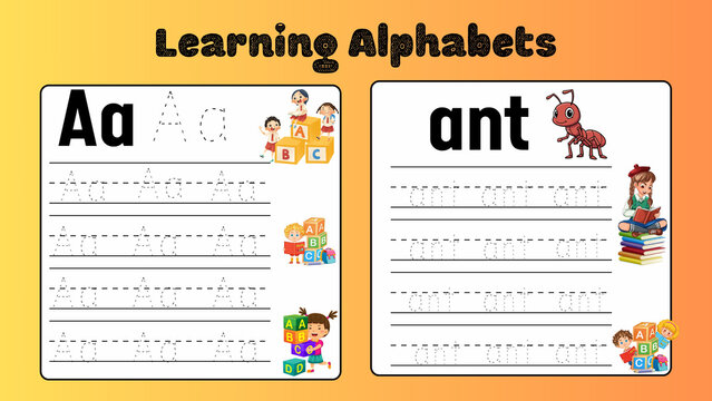 Learning Alphabets tracing worksheet for kids, educational letter A handwriting practice page, preschool ant vocabulary activity