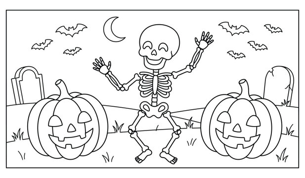 Halloween Skeleton Coloring Page With Dancing Skeleton, Jack-O-Lanterns, Bats, Tombstones, Crescent Moon, And Spooky Graveyard