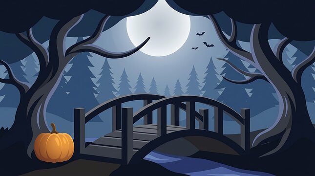 Wooden bridge over river in enchanted spooky forest under full moon
