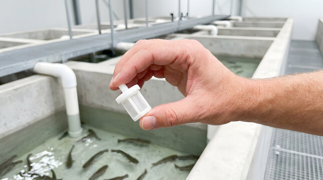 Hand Holding Water Filter in Modern Indoor Catfish Aquaculture Facility
