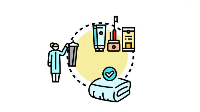 Cleaning professional providing bathroom sanitization service with fresh towels and essential hygiene products for hotel guests and home comfort