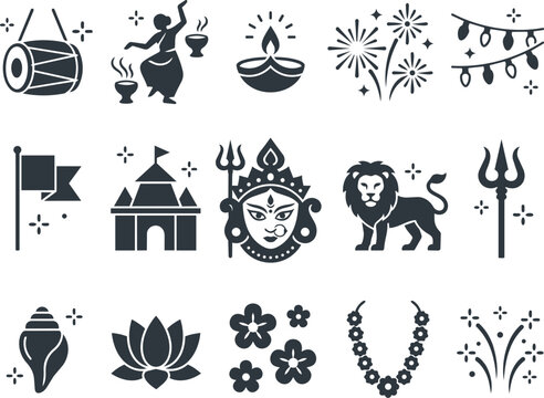 Durga Puja and Navratri festival icons set with goddess face and lion