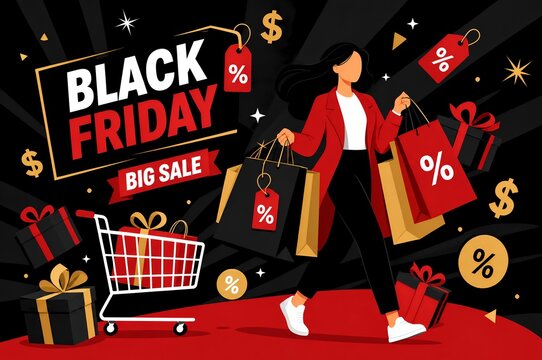 Black Friday Big Sale Illustration with Woman Shopping