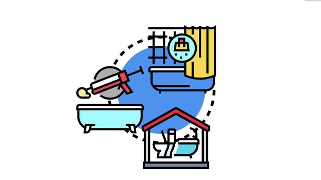 Bathroom sanitization service featuring cleaning equipment, a sealing gun, and a clean toilet and bathtub, highlighting hygiene products for disinfection and upkeep