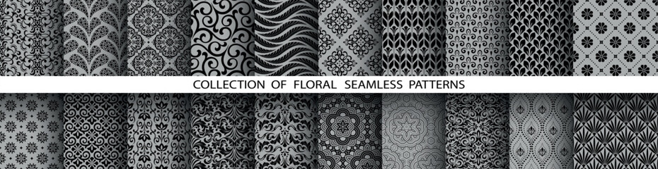 Naklejka premium Geometric floral set of seamless patterns. Gray and black vector backgrounds. Damask graphic ornaments