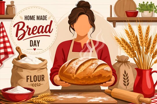 Homemade Bread Day Illustration with Woman Baker Holding Fresh Loaf