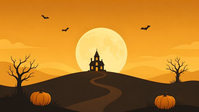 A spooky halloween night scene featuring a silhouetted castle full moon flying bats and jack o' lanterns on a dark hillside