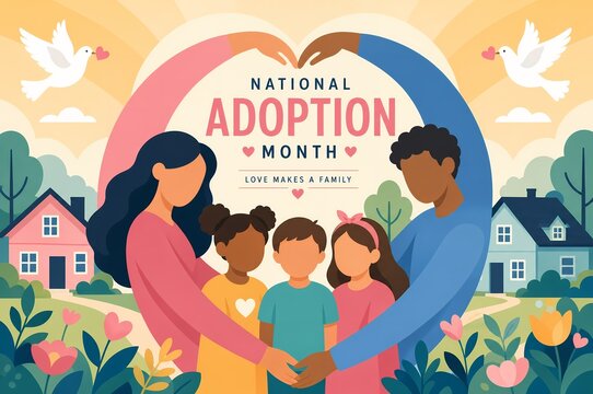 National Adoption Month Illustration of Diverse Family Hugging