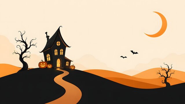 A spooky halloween night scene depicts a haunted house on a hill with a winding path under a crescent moon and silhouetted