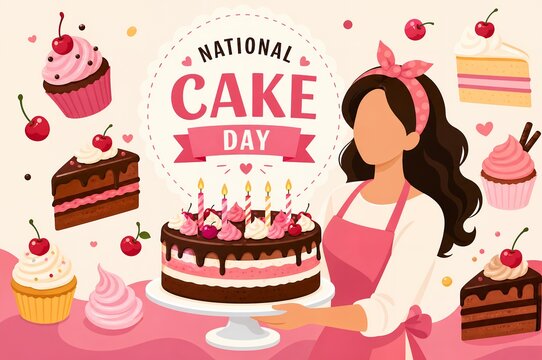 National Cake Day Illustration with Baker Holding Celebration Cake