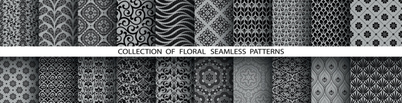 Geometric floral set of seamless patterns. Gray and black vector backgrounds. Damask graphic ornaments