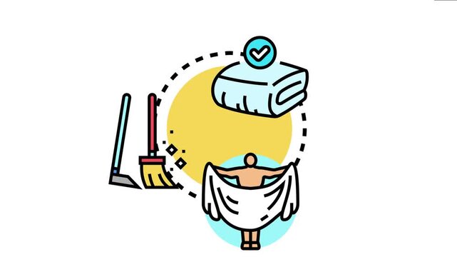 Conceptual symbolizing careful public restroom maintenance, including thorough cleaning tools, tidiness practices, and fresh towels for visitor comfort and hygiene
