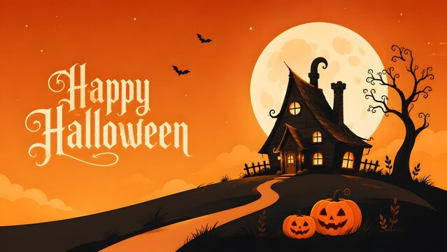 Embrace the spooky spirit of halloween with this enchanting scene of a haunted house a glowing pumpkin and a full moon in