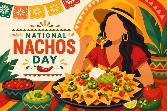 National Nachos Day Illustration with Woman Eating Tortilla Chips