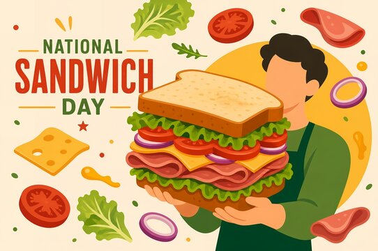 National Sandwich Day Illustration with Man Holding Huge Club Sandwich