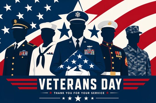 Veterans Day Banner with Silhouettes of United States Military Service Members