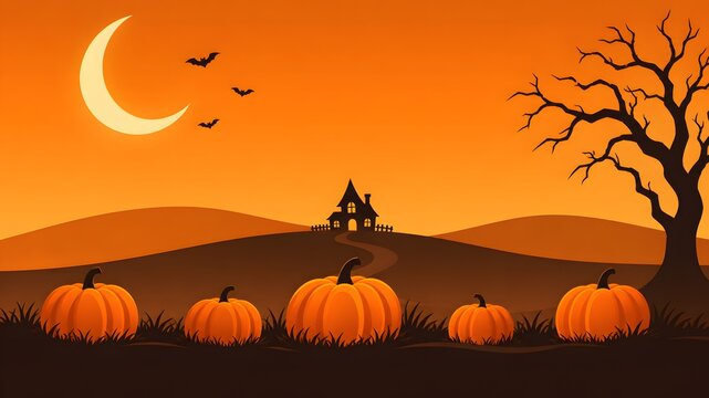A captivating halloween scene unfolds with glowing pumpkins a spooky haunted house a crescent moon and silhouetted bats against a vibrant orange
