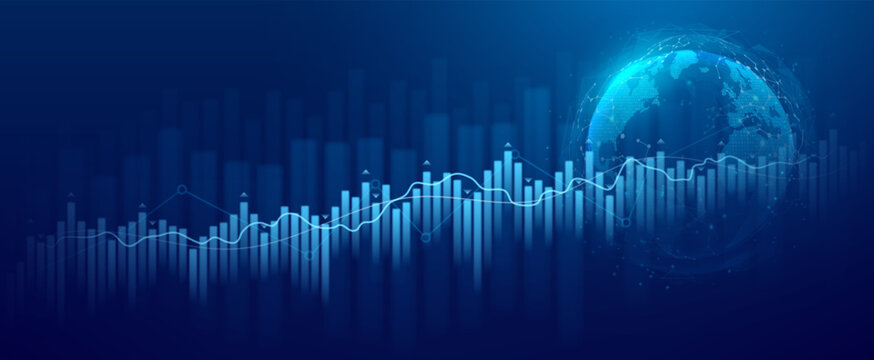 Global business financial strategy development. Successful global digital management of investment. Vector illustration of world business data analysis showing sustainable growth. Development strategy