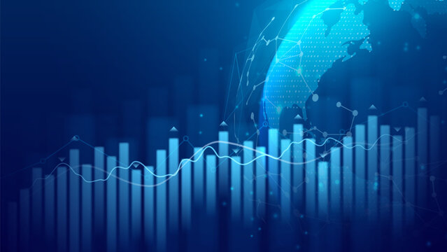 Global growth of financial investment or development. Vector illustration with rising glowing charts and graphs and world globe. Global successful growth of development strategy of world fintech. 