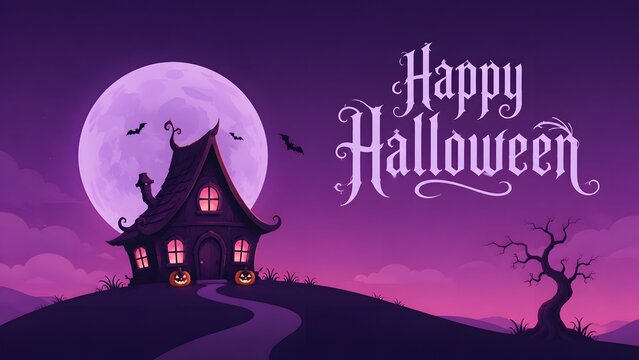 A spooky and delightful halloween night scene featuring a haunted house silhouetted against a large glowing full moon in a vibrant purple
