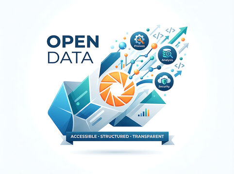 Open data concept graphic design with laptop and colorful icons representing accessible structured and transparent information accessible structured transparent