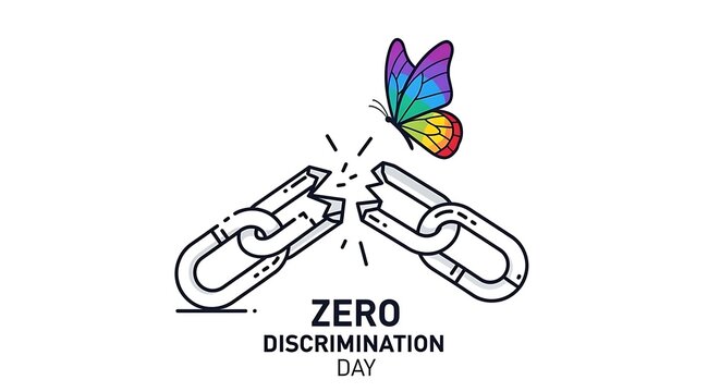 Zero Discrimination Day concept with broken chain and rainbow butterfly.