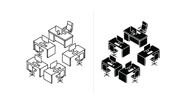 Isometric office desk layout with computers and chairs glyph icons set, computer