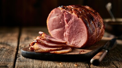 Fototapeta premium Close-up view of sliced roasted ham with glazed crust on wooden cutting board with knife on rustic table, high protein food for meal preparation